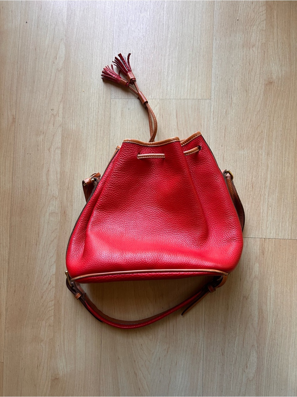 Vintage Dooney & Bourke Red Leather Drawstring with Tan Trim